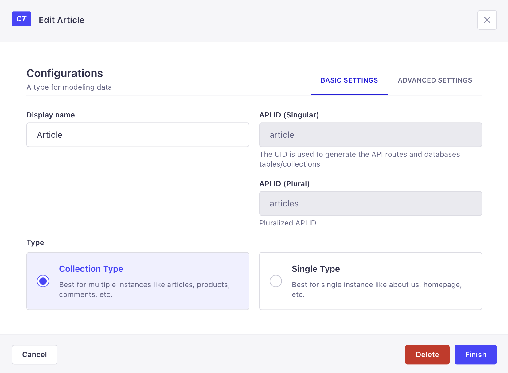 Content-type Builder's basic settings